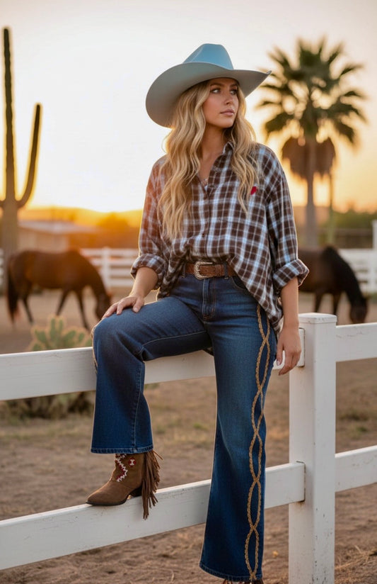 Jean Taille Haute Brodé & Ceinture Cuir BRADLEY – Boho Country Chic