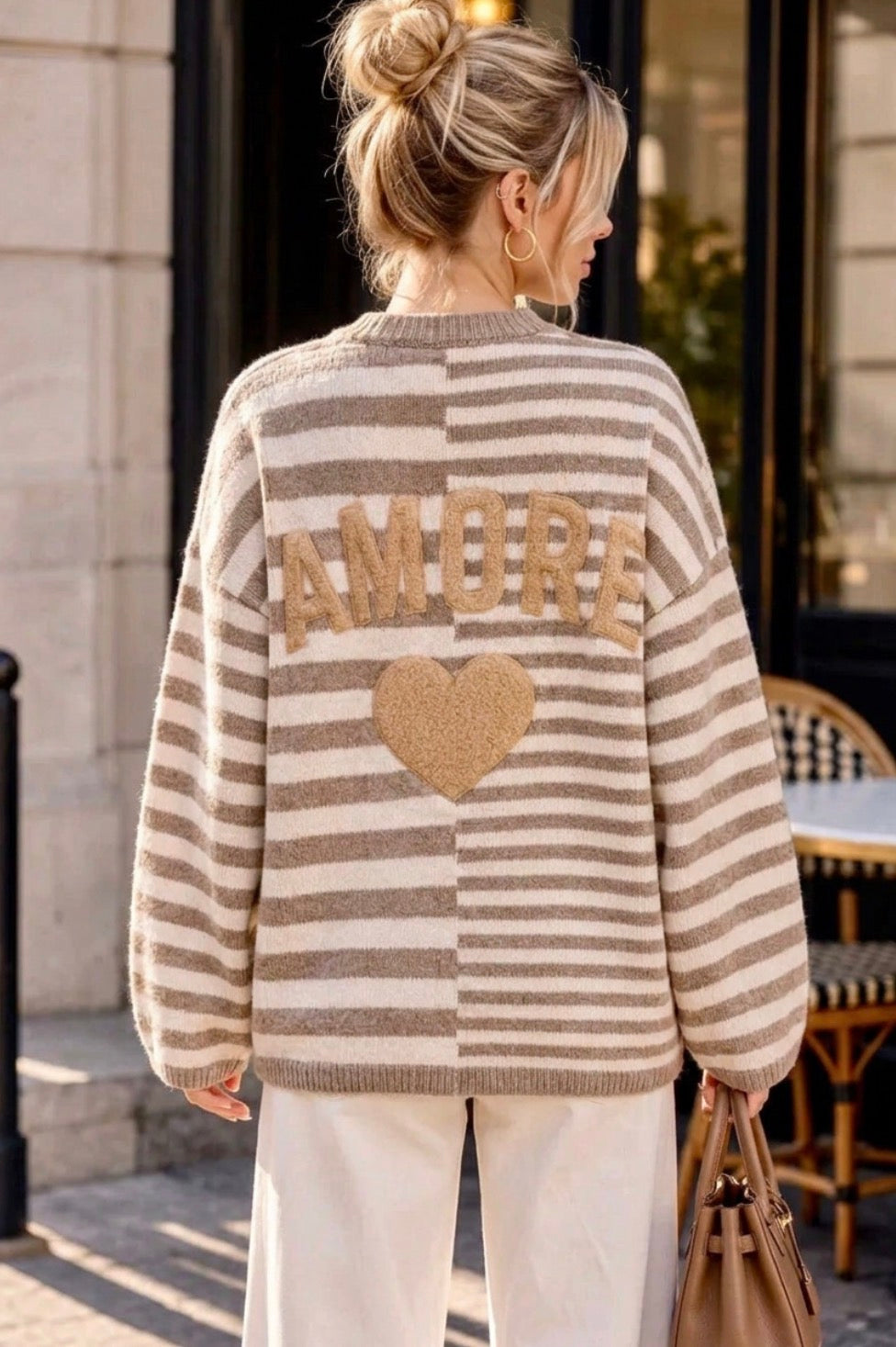 Pull marinière femme beige oversize AMOUR