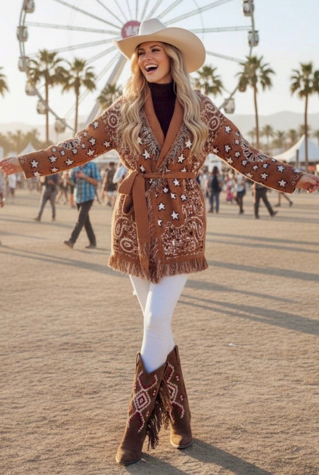 Veste Gilet Bandana Camel CALICO ✨ Étoiles & Cachemire | Franges Bohème