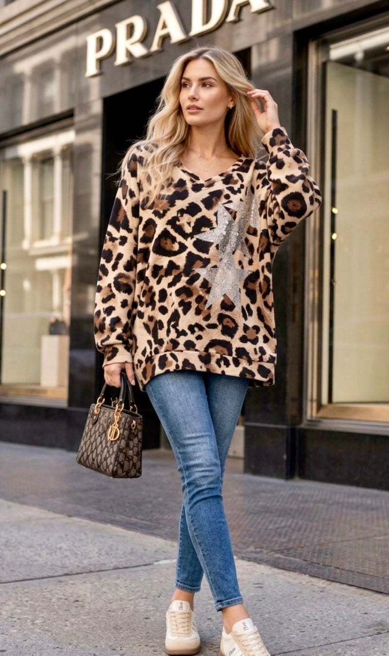 BRADLEY – Sweat léopard oversize étoiles argentées
