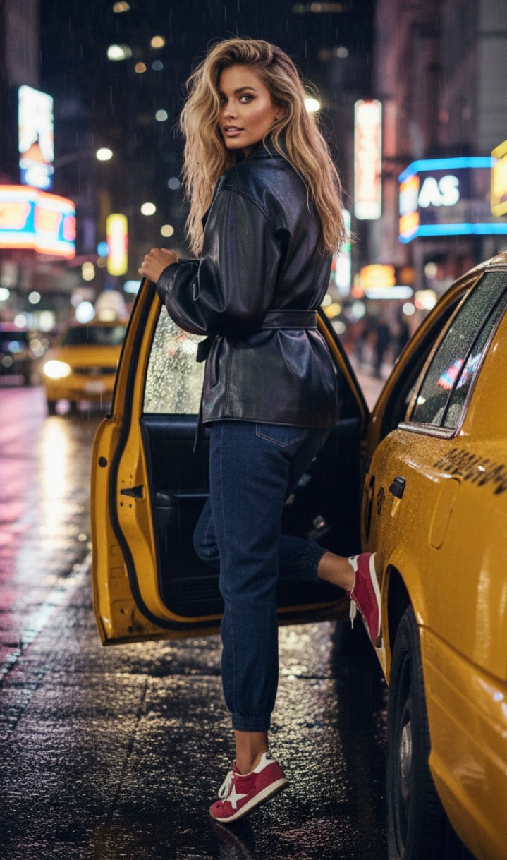 Veste SAMANTHA — Blouson Simili Cuir Manches Ballon & Ceinture