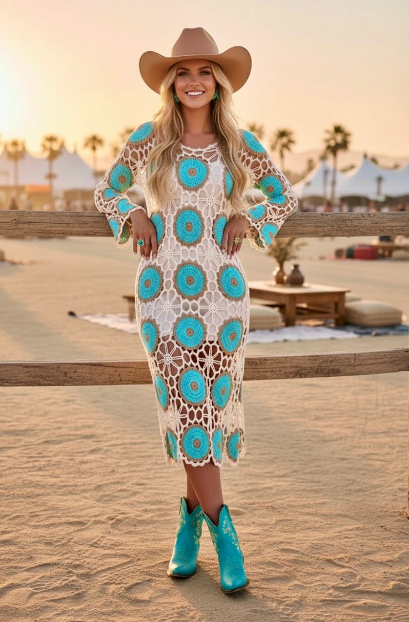Robe Crochet Turquoise NEVADA – Robe Midi Bohème Ajourée🩵🌴