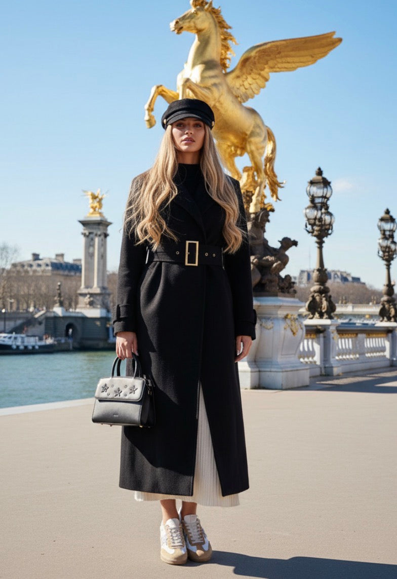 Manteau Long Noir Femme CLAUDINE – Ceinture Dorée & Coupe Élégante