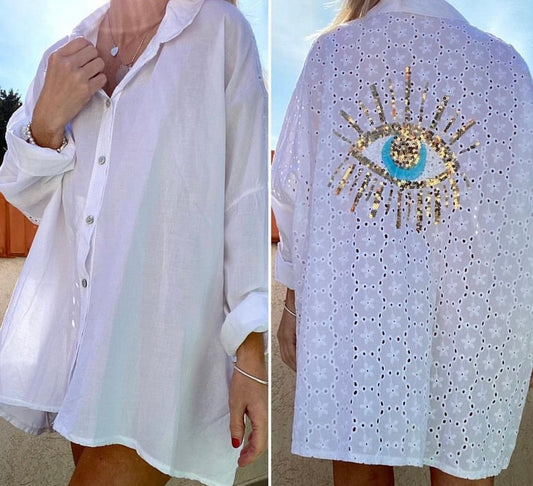 LUCKY eye white shirt with English embroidery