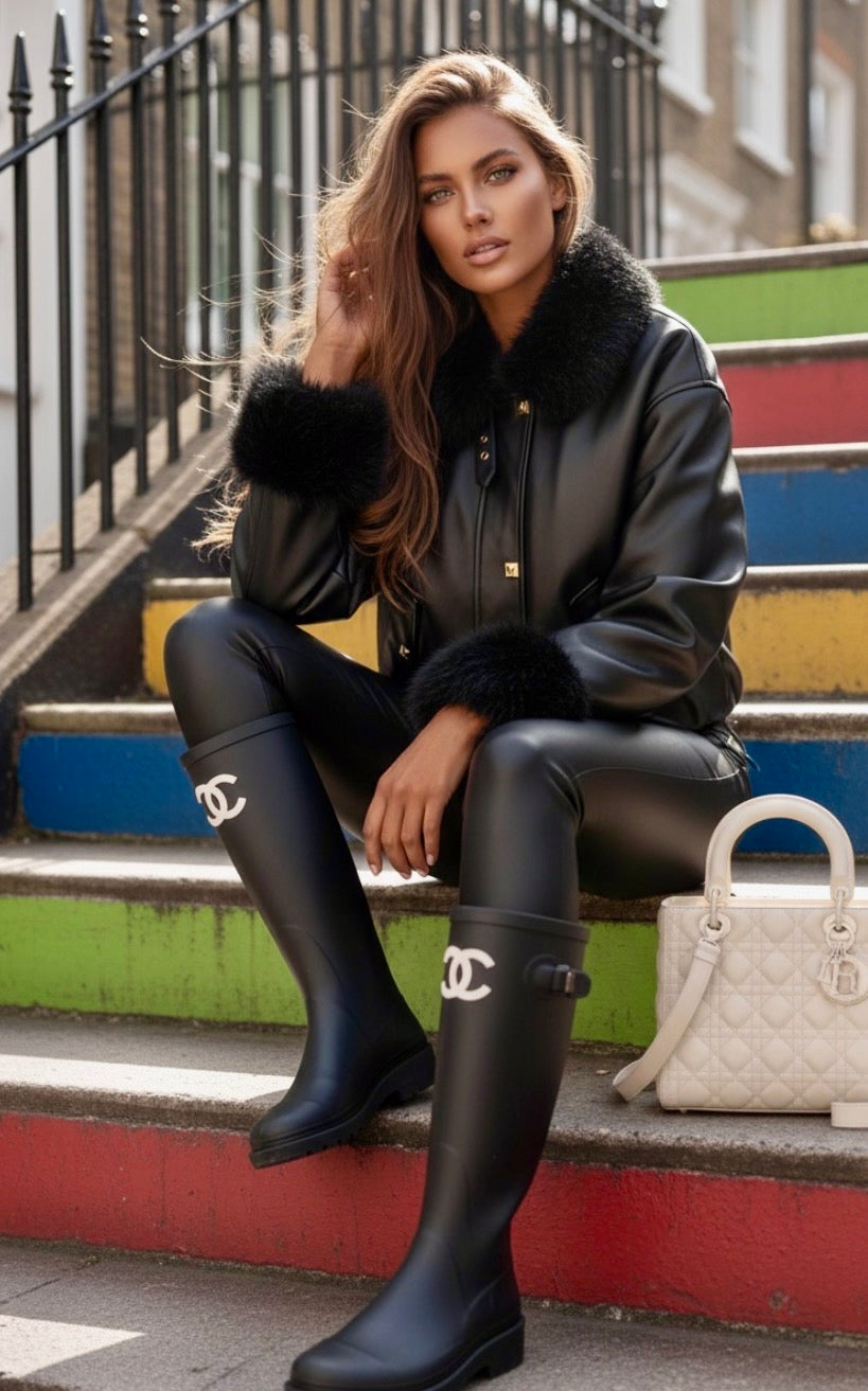 Blouson Effet Cuir noir & Fausse Fourrure VALENTINA