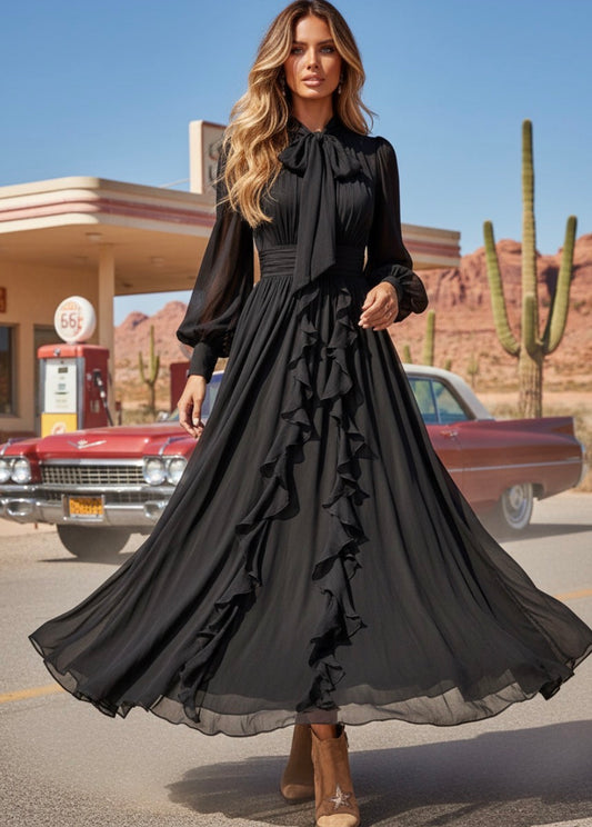 Robe Longue Noire Boho AMARILLO |Col Lavallière & Volants