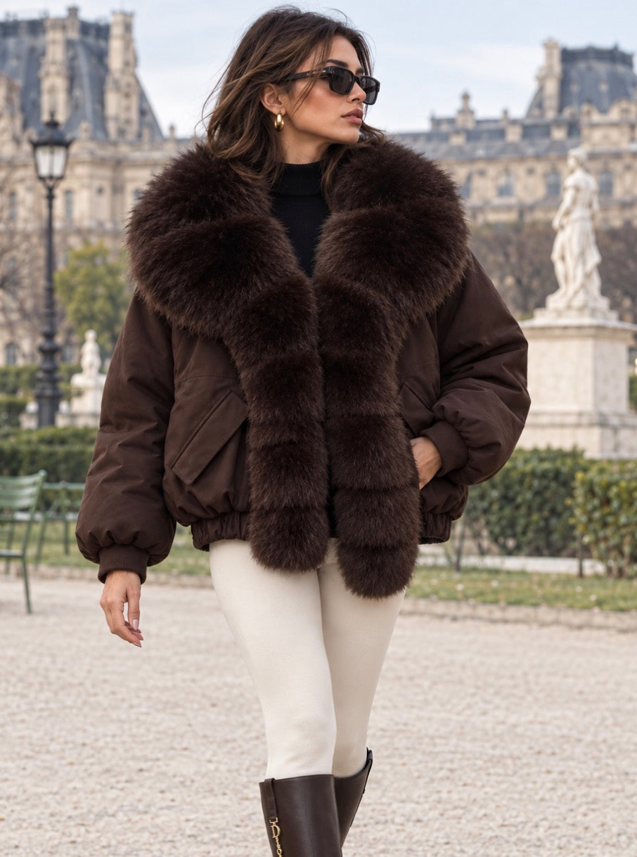 Doudoune courte MARION chocolat capuche fausse fourrure