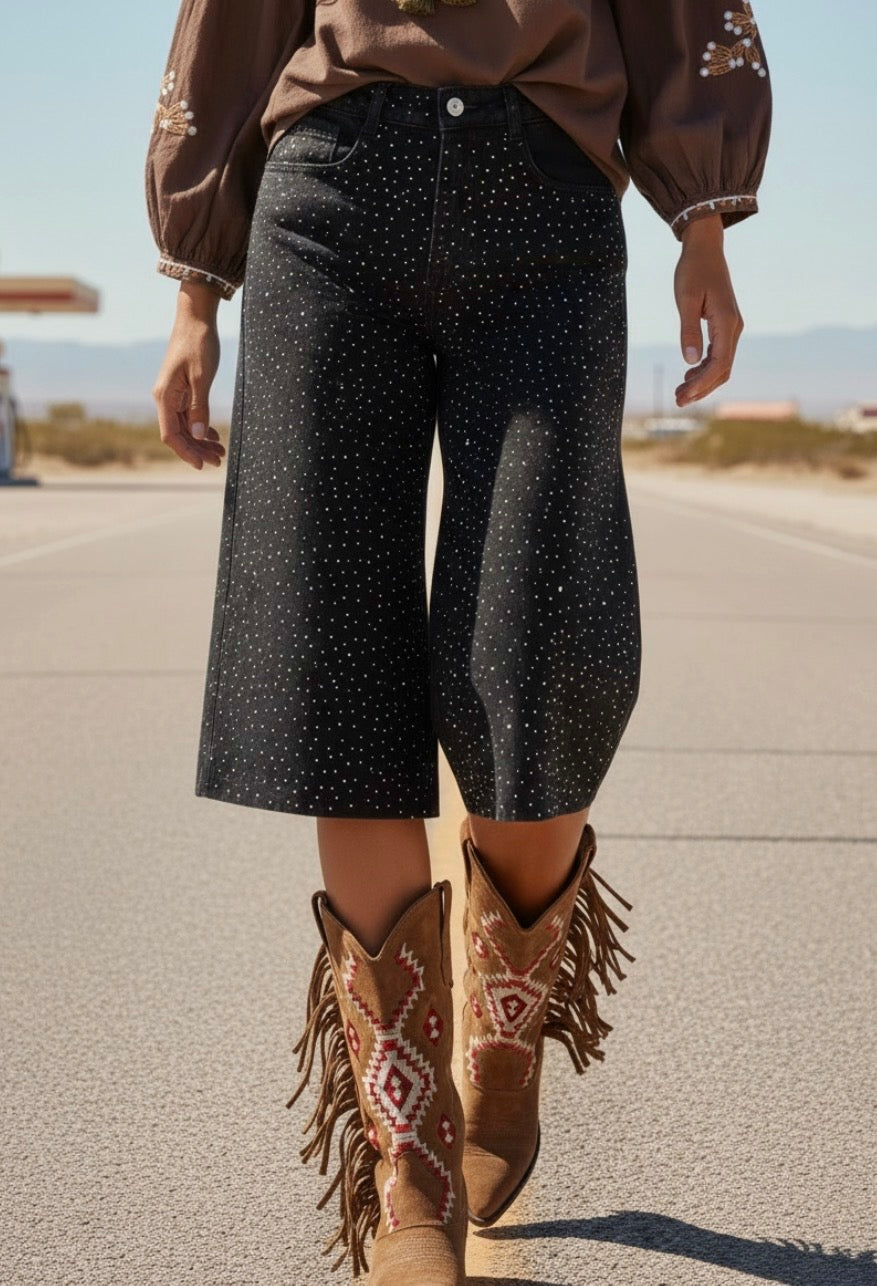 ✨ Bermuda Jean Noir à Strass DAKOTA – Taille Haute Glamour