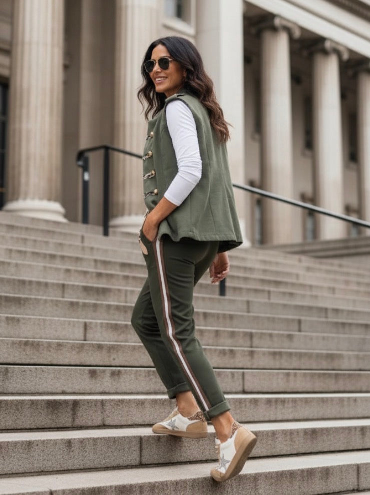 Pantalon LAURIE – Kaki Bandes Crème & Chocolat | Style Jogg Chic