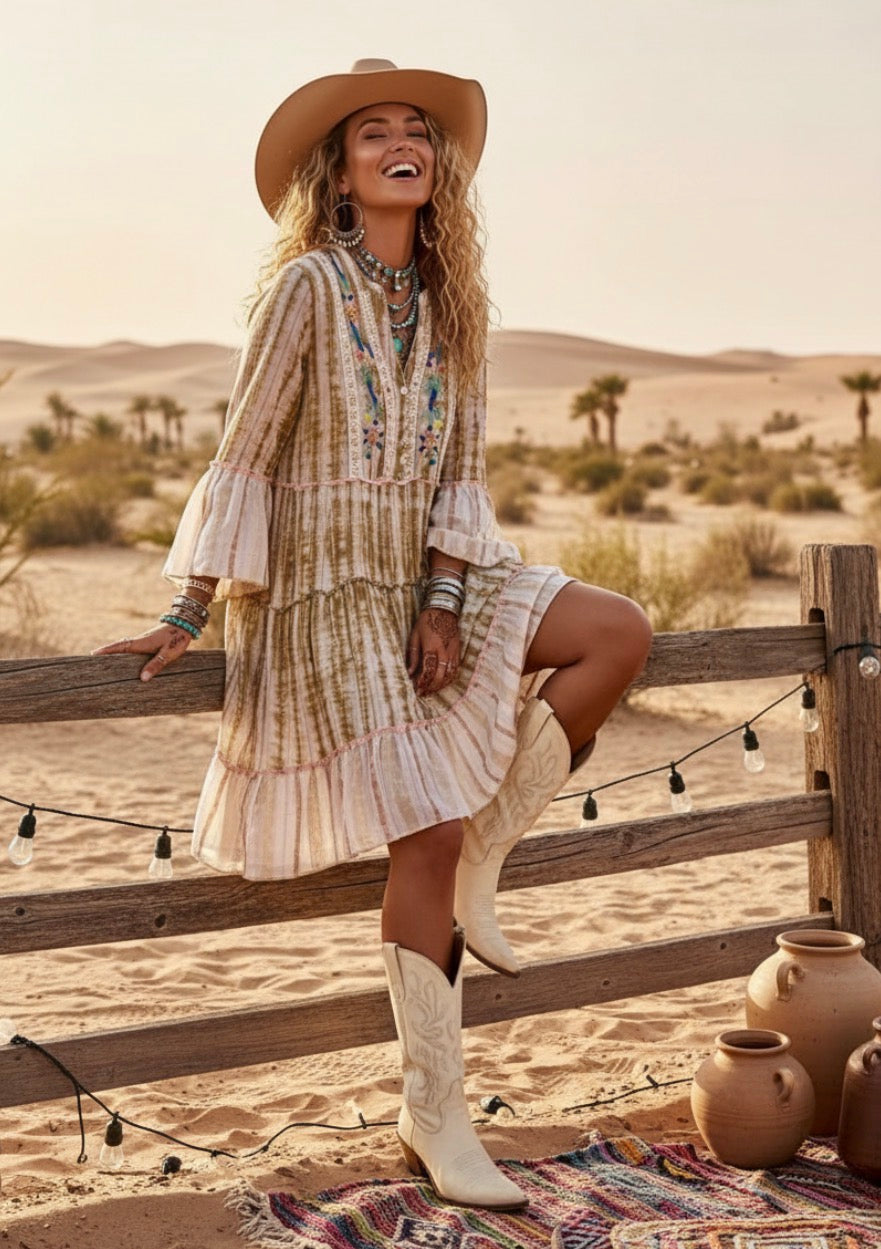 Robe Bohème AURORE ✨ Coton Tie & Dye Broderies Artisanales