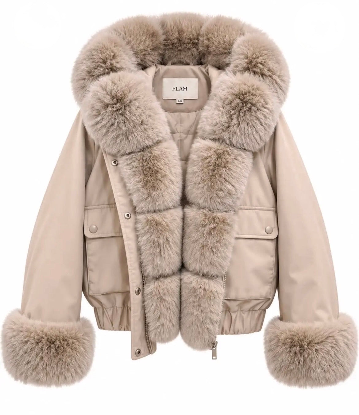Doudoune courte femme beige taupe DIANA à capuche et fausse fourrure