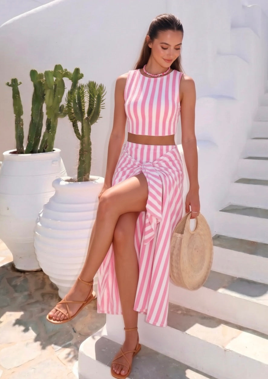 Ensemble Gloria – Top Crop & Jupe Longue Rayures Rose
