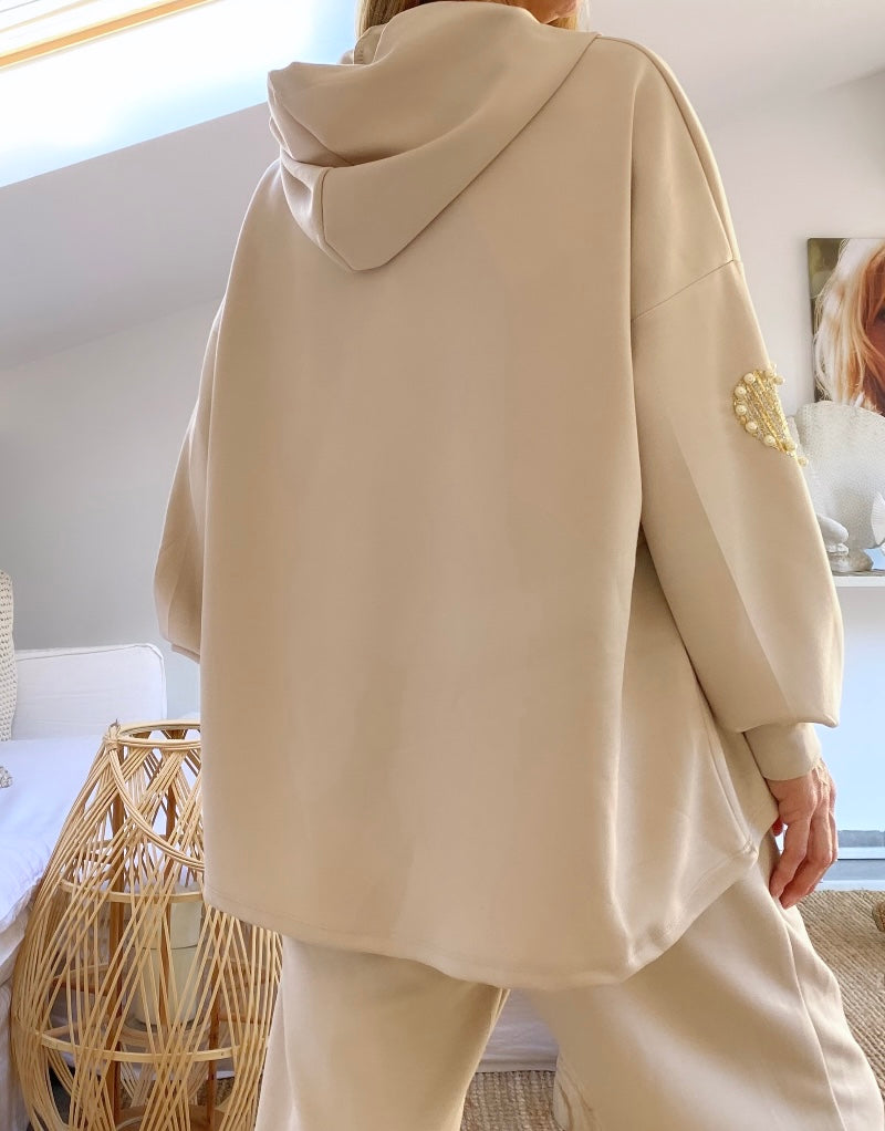 Pull sweat viscose PERLE beige à capuche