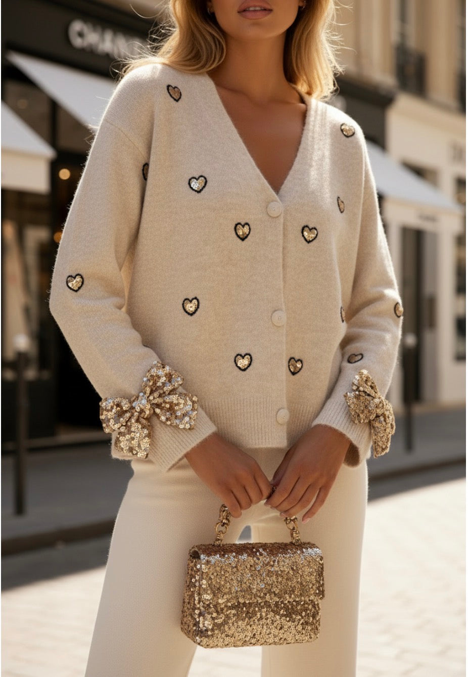 Gilet Beige – Cœurs Paillettes & Nœuds | ELIZABETH