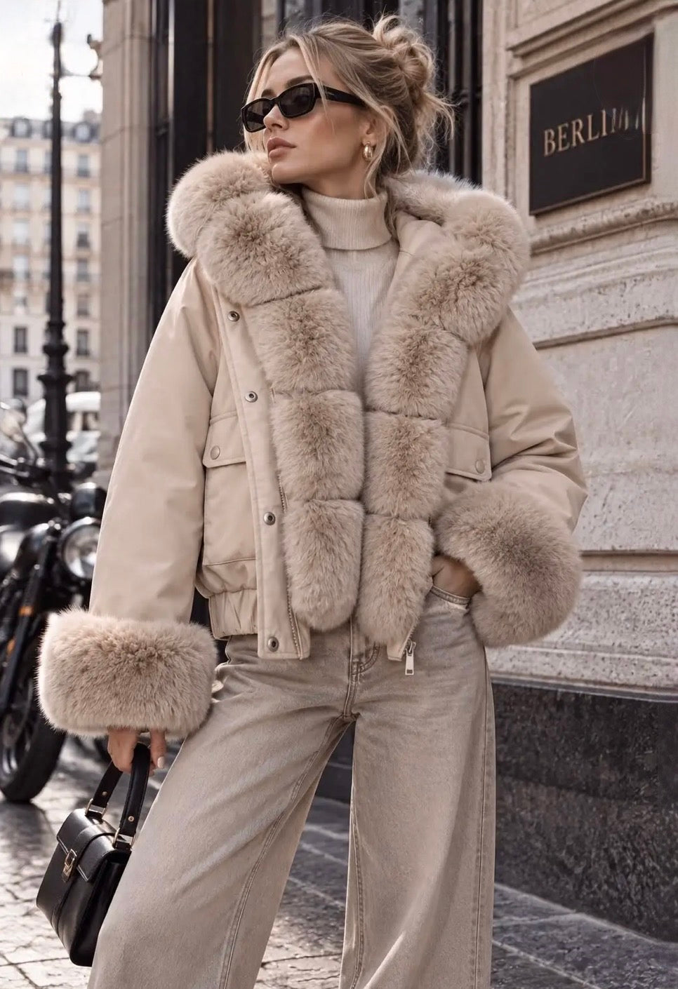 Doudoune courte femme beige taupe DIANA à capuche et fausse fourrure