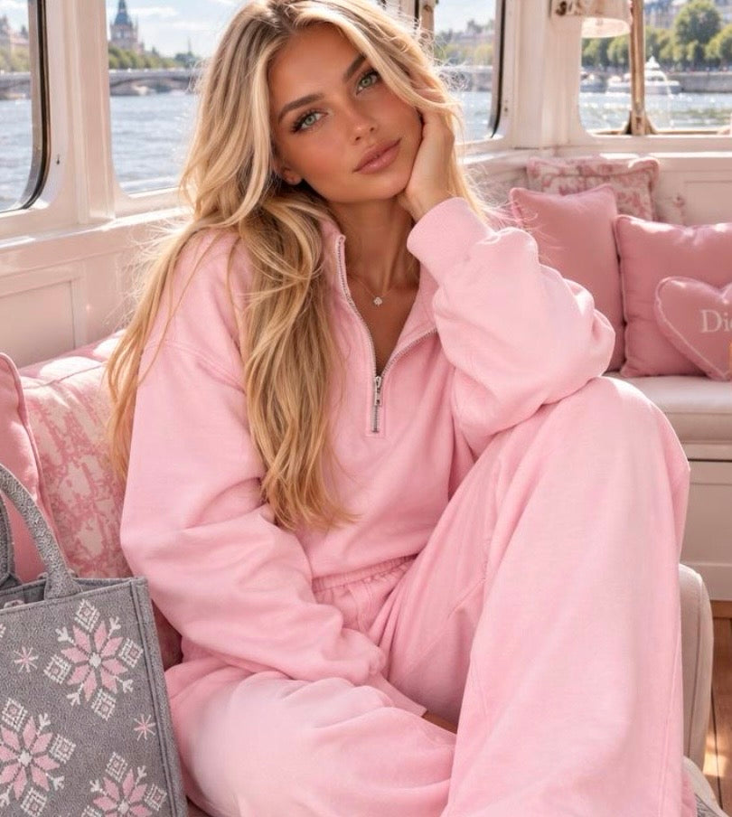 Ensemble jogging femme rose KIM – Sweat col zippé et pantalon large