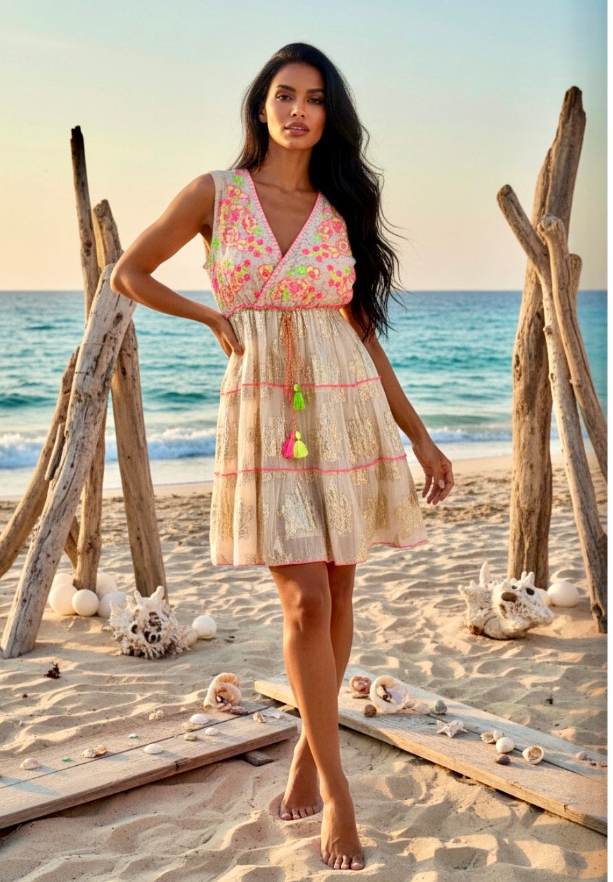 Robe MATHILDA Lurex Or & Paillettes Fluo | Bohème Chic