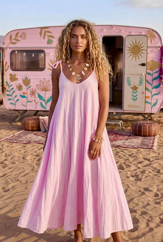 🌸 Robe Longue Rose Bohème SWANNY | Coton Fluide & Bretelles à Nouer 🌿