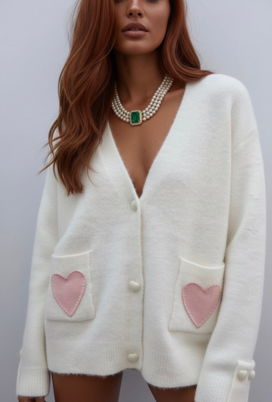 Gilet ROSALIE – Poches Cœurs Roses | Maille Douce Crème