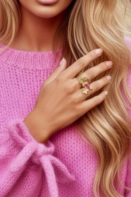Bague ROSIE — Multi Rangs Dorée Breloques Papillon & Fleur🌸