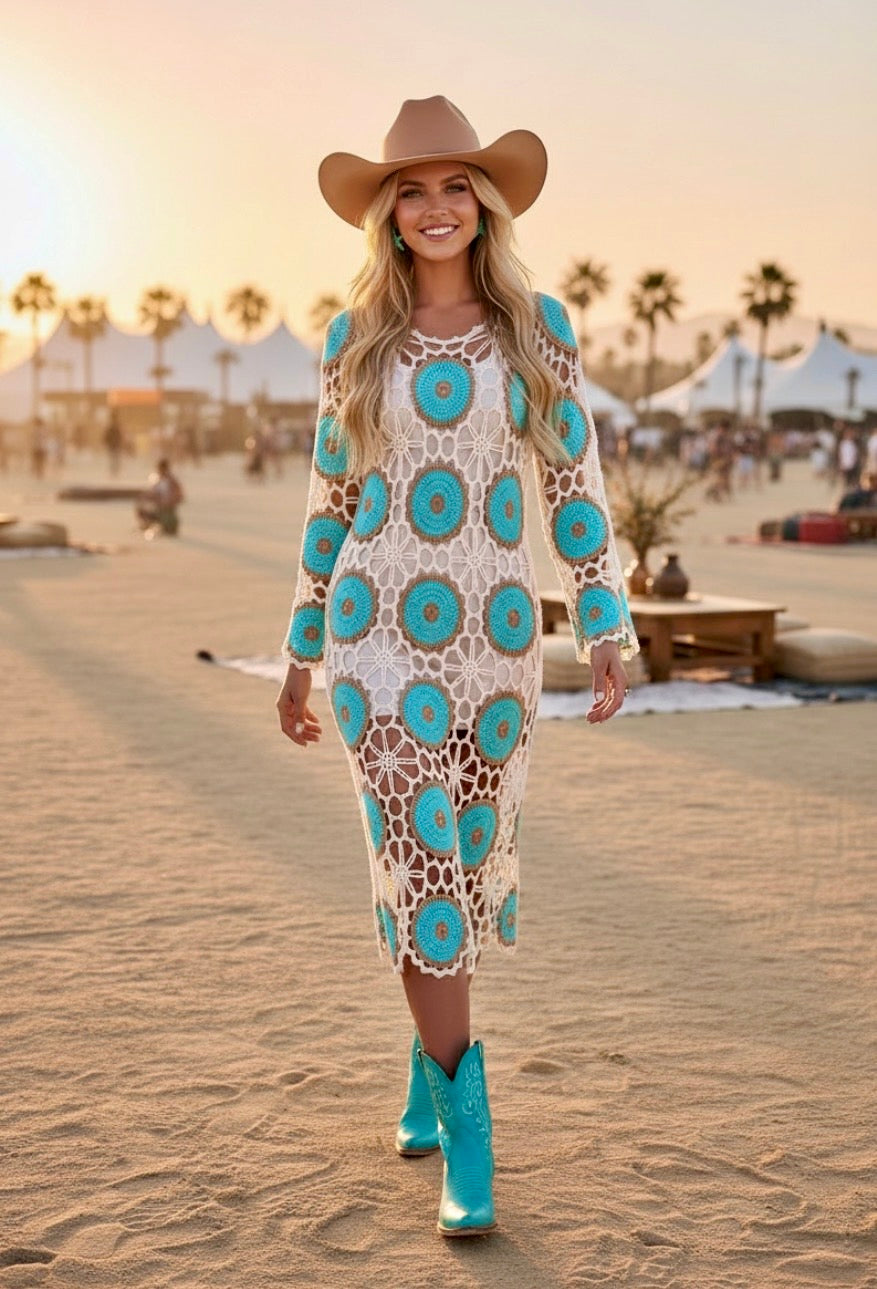 Robe Crochet Turquoise NEVADA – Robe Midi Bohème Ajourée🩵🌴