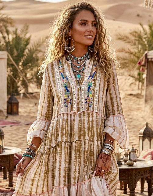 Robe Gypsy Bohème AURORE ✨ Coton Tie & Dye Broderies Artisanales