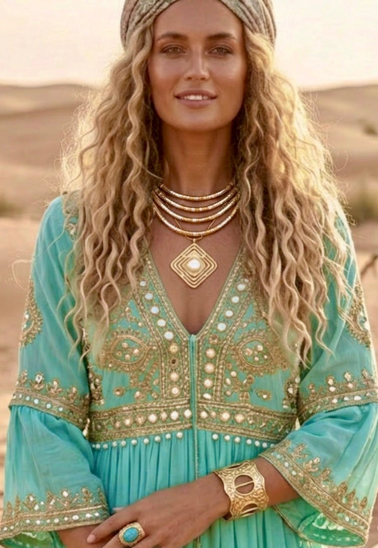 Pendentif Doré Ethnique YASMINE – Pierre Blanche Gipsy Bohème