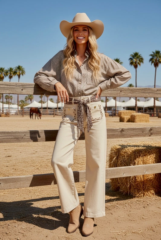 Jean Taille Haute Beige & Foulard Amovible RODÉO – Lilirose Cannes🤎