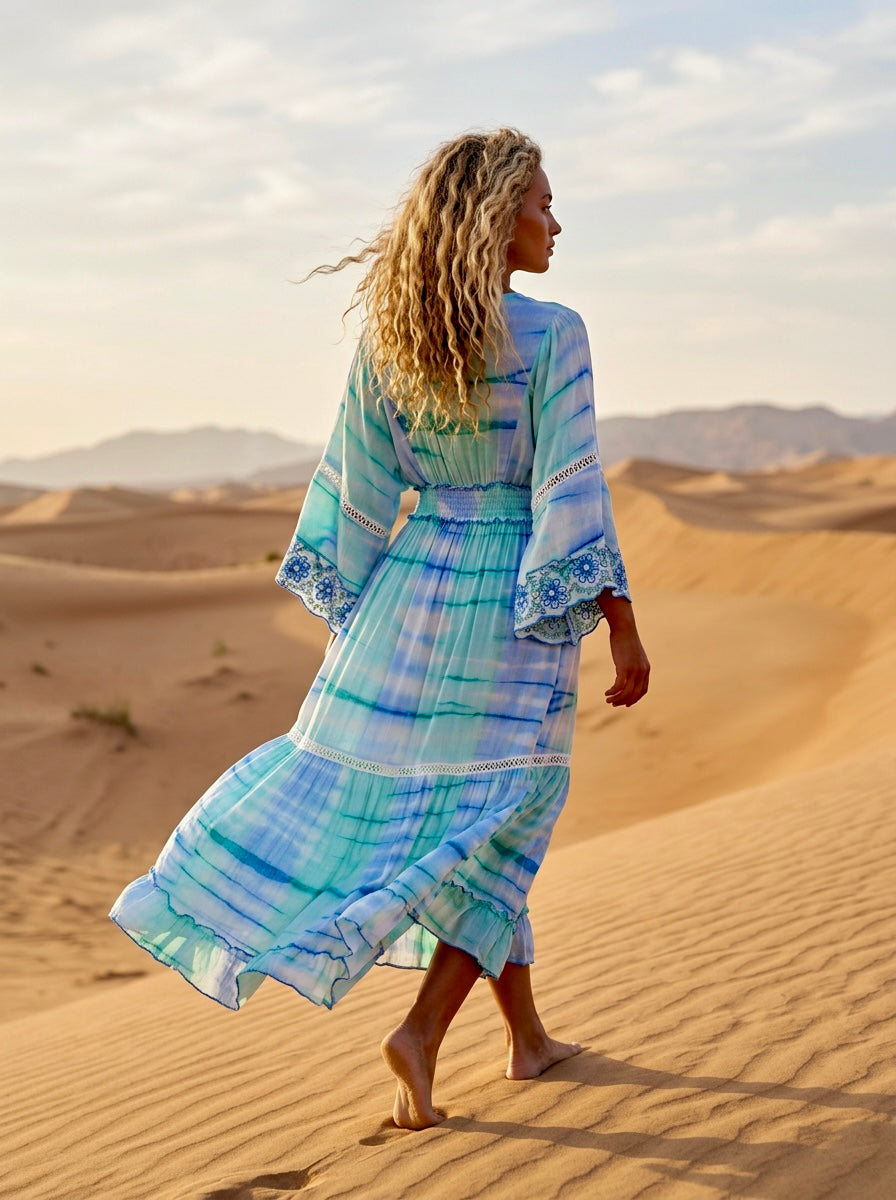 ✨ Robe Longue Tie and Dye Bohème Gipsy JASMINE 🌊 Turquoise et sequins