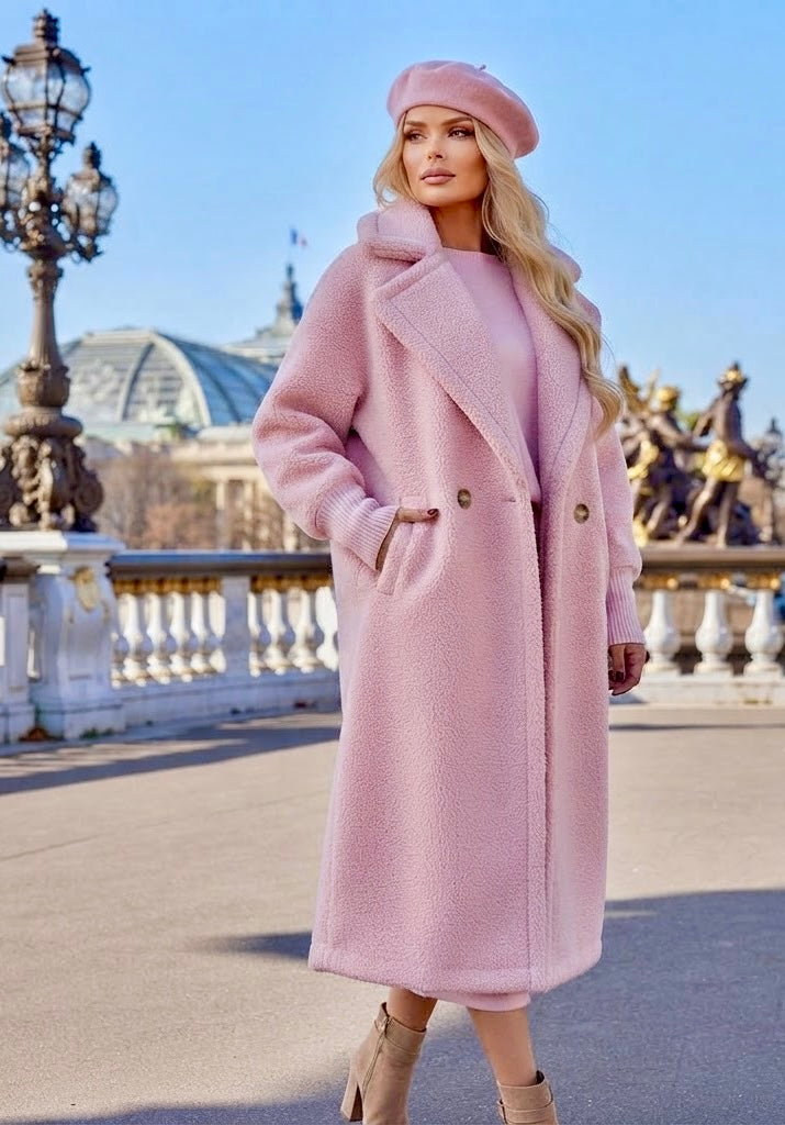 Manteau long rose 100% laine KATY — Oversize & Luxueux