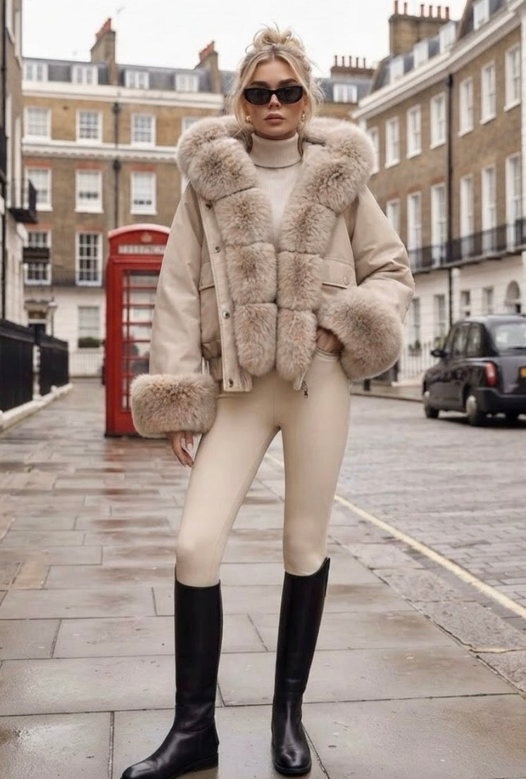 Doudoune courte femme beige taupe DIANA à capuche et fausse fourrure
