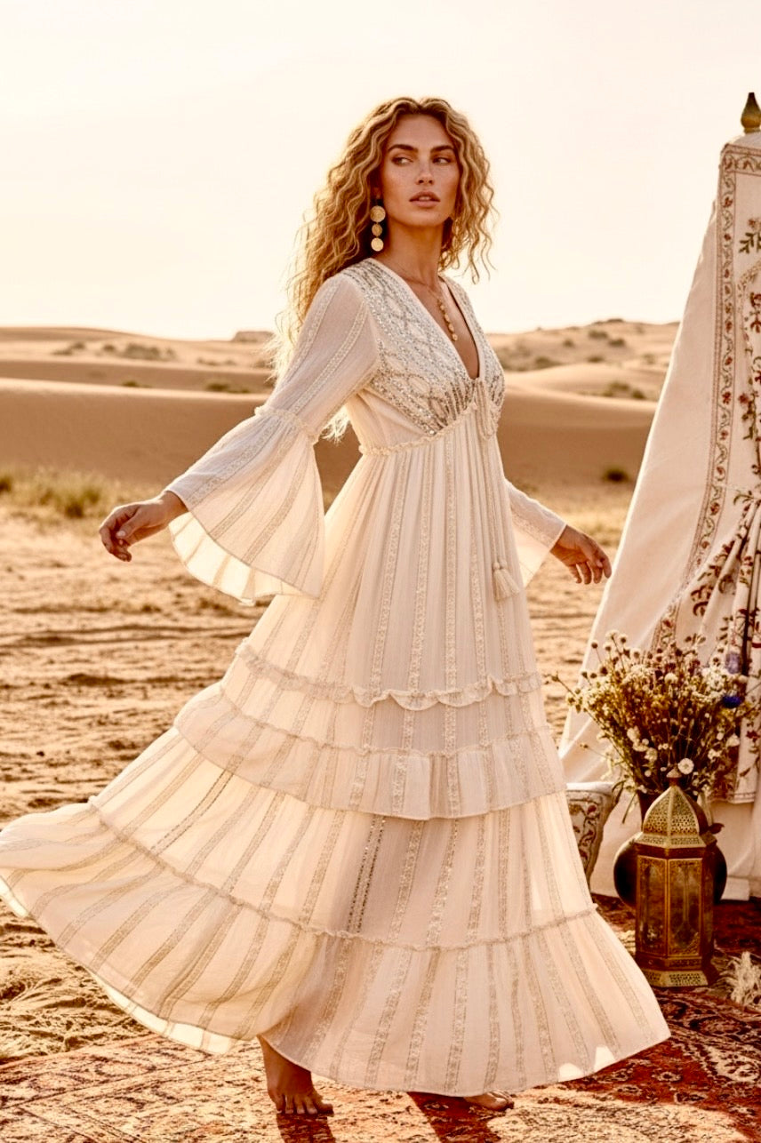 Robe Longue Bohème SORAYA | Sequins & Broderies Ivoire