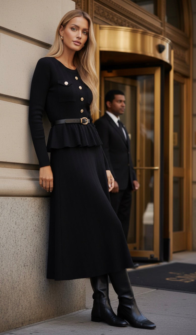 Robe Longue Noire BRITTANY — Maille Boutons Bijoux