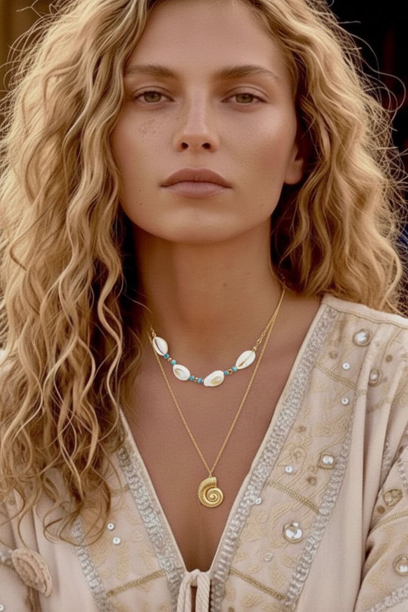 Collier Double Rang Coquillages & Turquoise OCEANA | Style Bohème plage