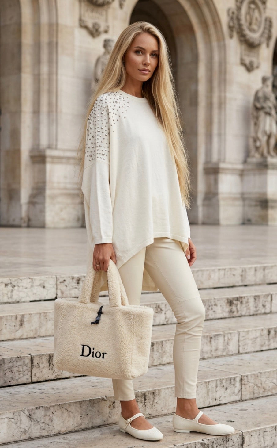 Pull oversize écru à clous argentés CAMILLE