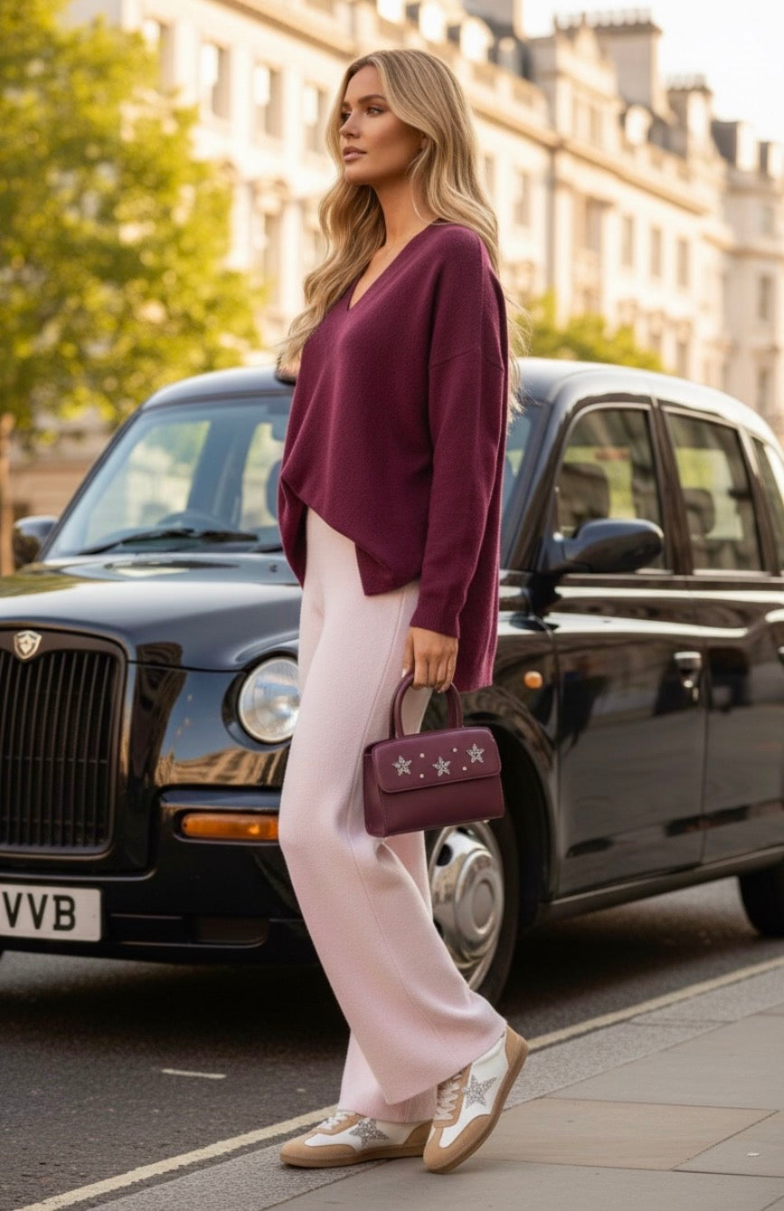 Pull Femme Aubergine Fluide ASHLEY – oversize, Toucher Cachemire