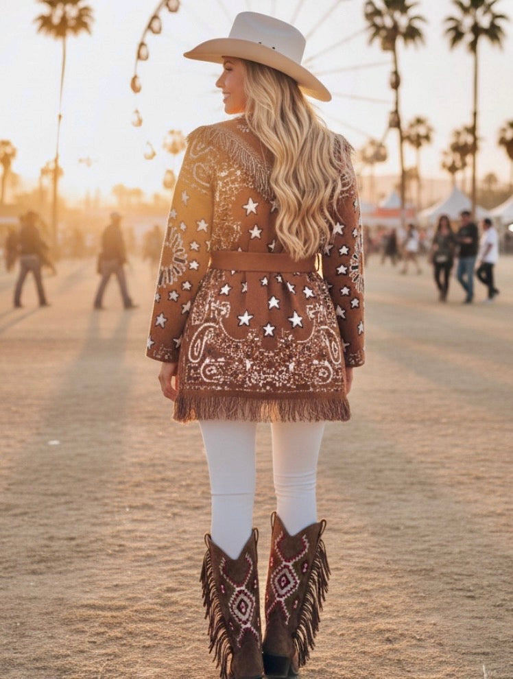 Veste Gilet Bandana Camel CALICO ✨ Étoiles & Cachemire | Franges Bohème