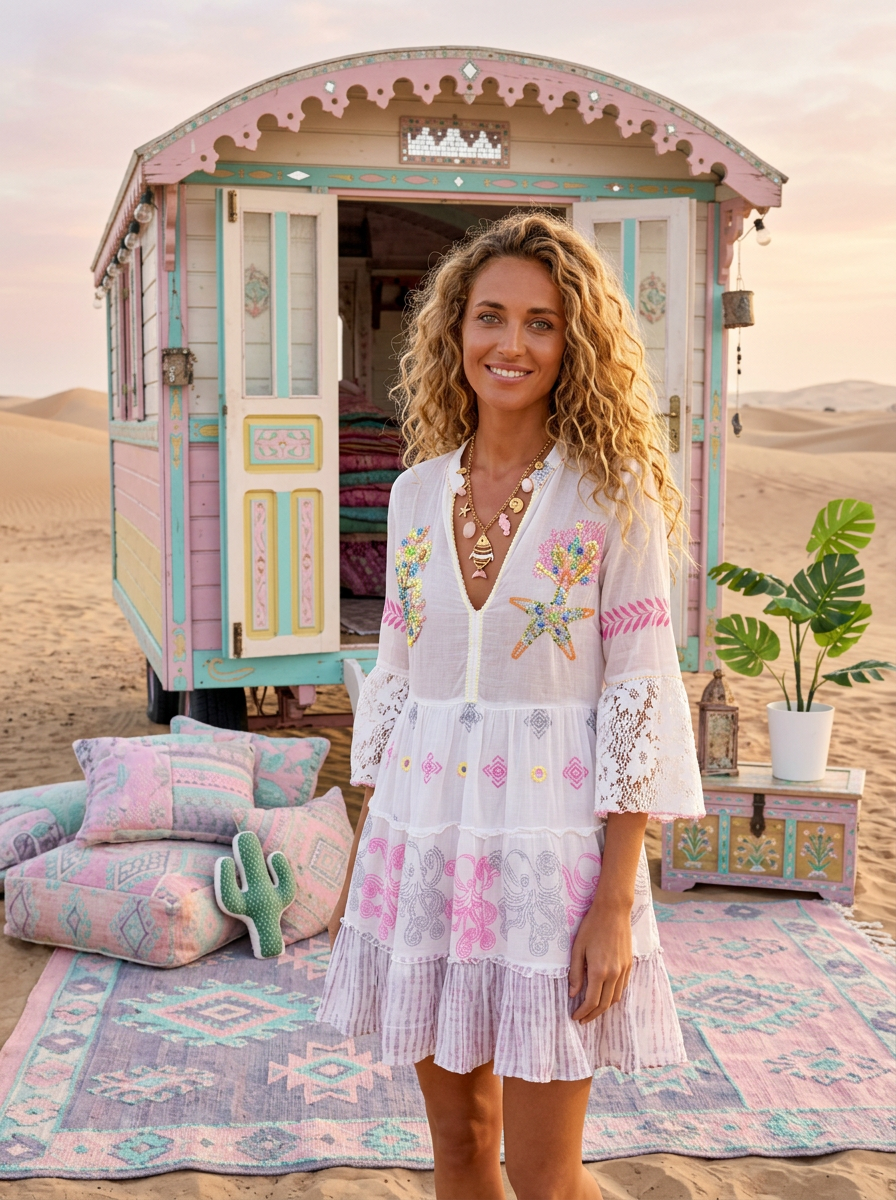 Robe Bohème MARIA ✨ Coton, Sequins & Broderies 🌸⭐