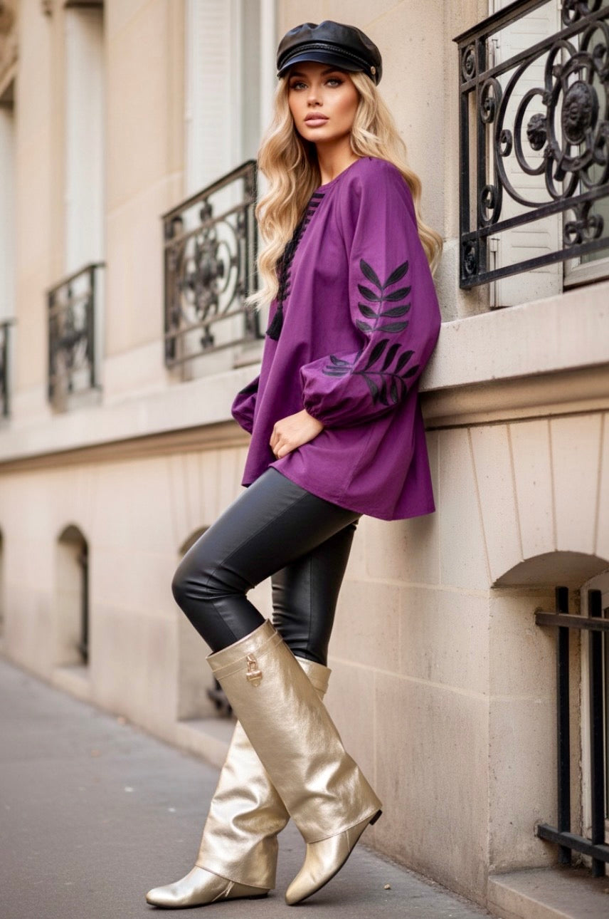 Blouse COLETTE — Violine oversize brodée