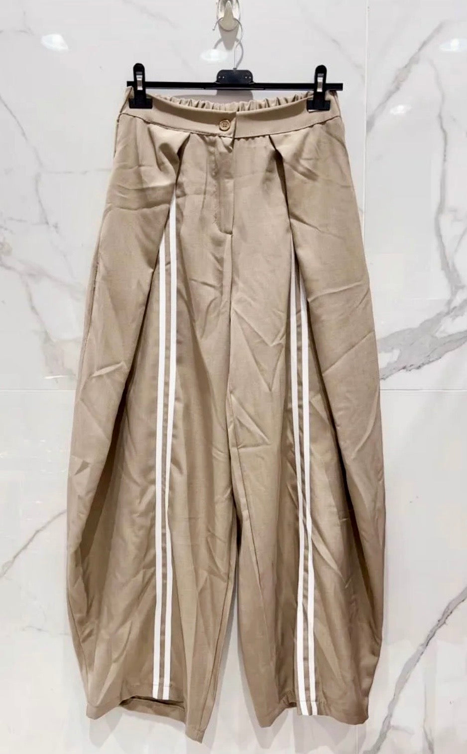 Pantalon large femme PARKER beige à bandes – Coupe bubble