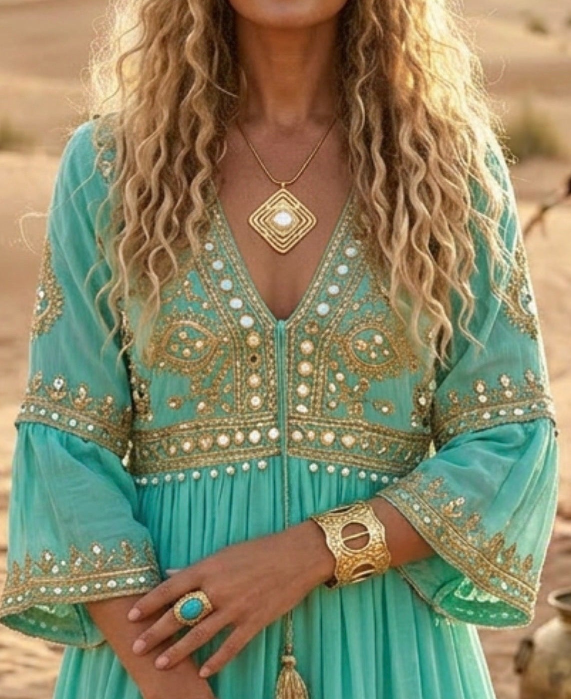 Pendentif Doré Ethnique YASMINE – Pierre Blanche Gipsy Bohème