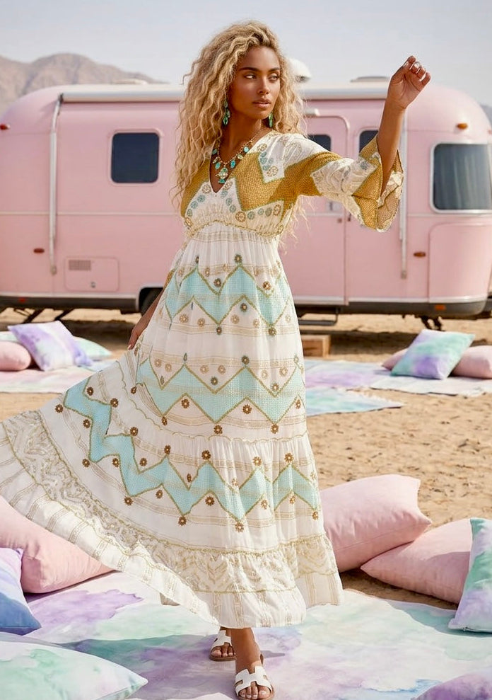 Robe Longue Sequins Dorés Style Manoush – Bohème 🌙