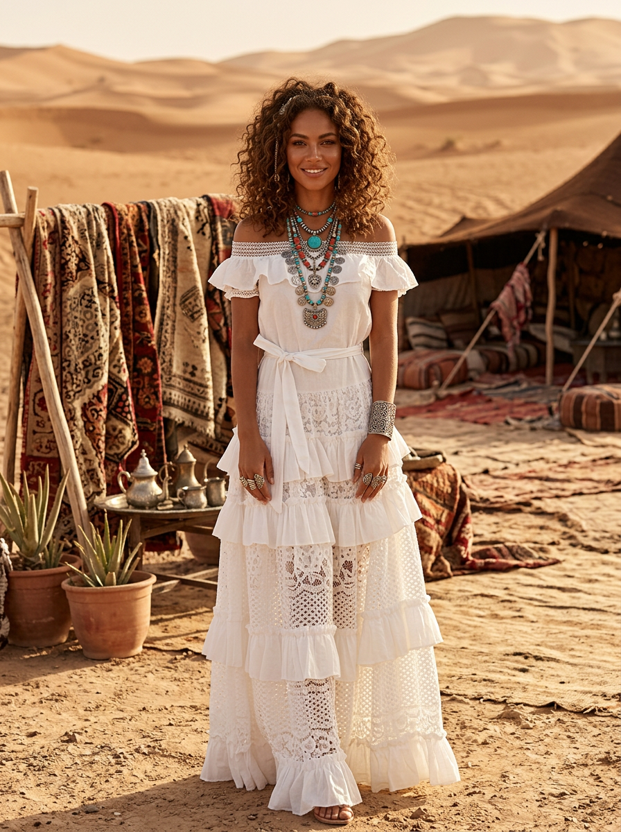 Robe Boho gipsy Blanche ESMERALDA | Dentelle & volants| Hippie Chic