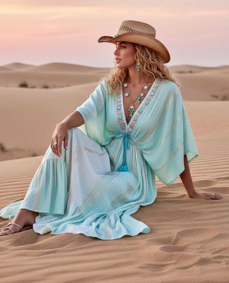Robe Longue Bohème IMANE | manches Papillon Brodé Perles & Strass 🦋