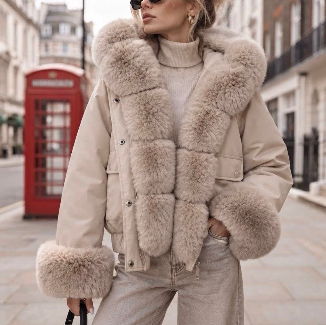 Doudoune courte femme beige taupe DIANA à capuche et fausse fourrure