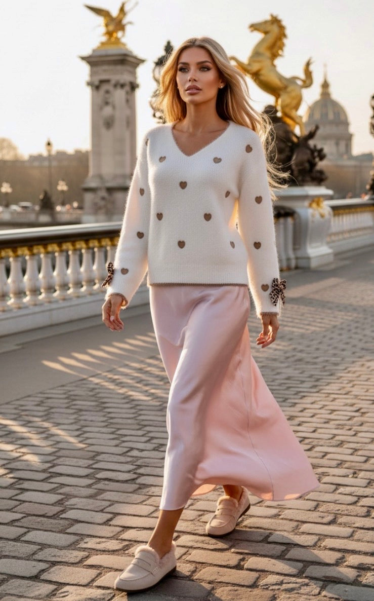 Pull BEATRICE – Cœurs Satin & Nœuds Léopard