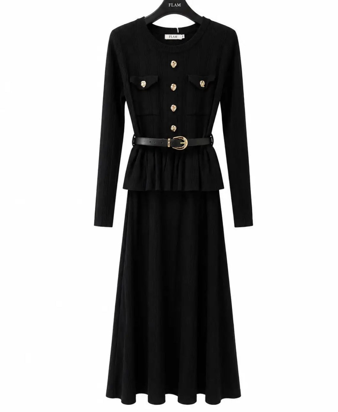 Robe Longue Noire BRITTANY — Maille Boutons Bijoux