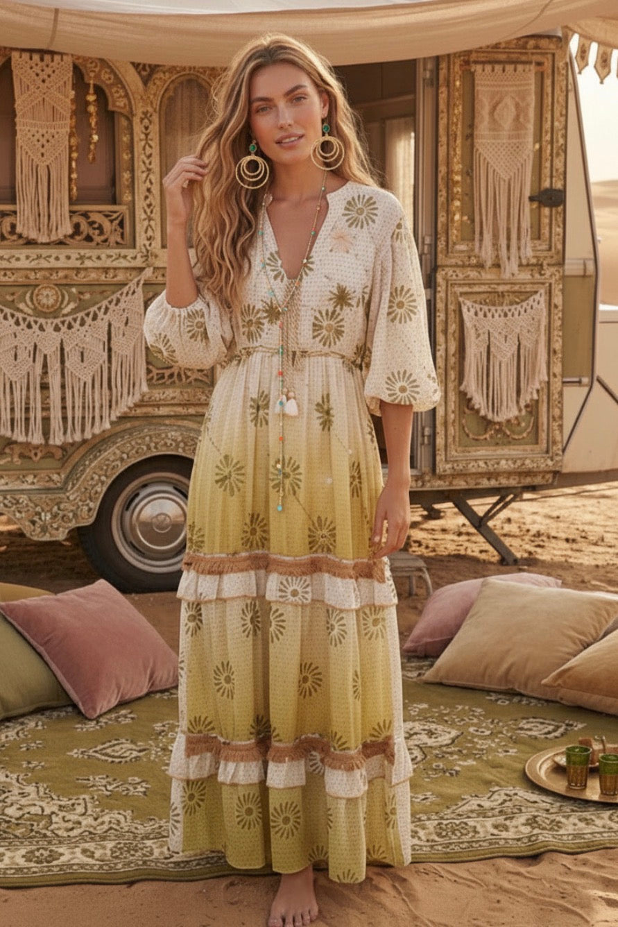 Robe Longue CARMEN | Bohème COACHELLA Tie & Dye - Perles & Sequins✨🌙