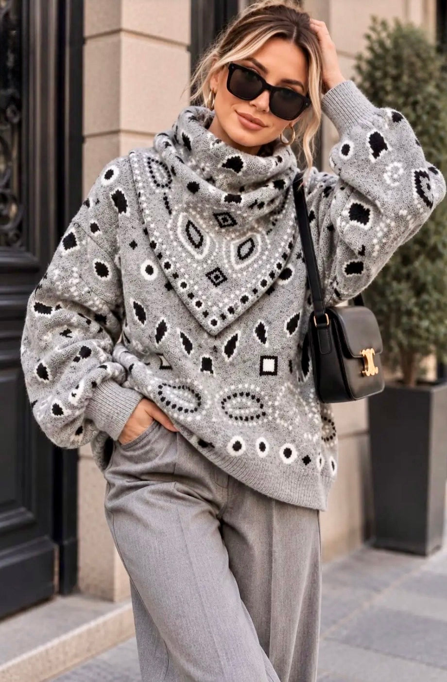 Pull avec foulard bandana en maille grise JOE