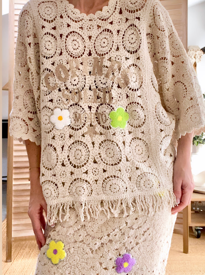 CUBA beige daisy crochet skirt